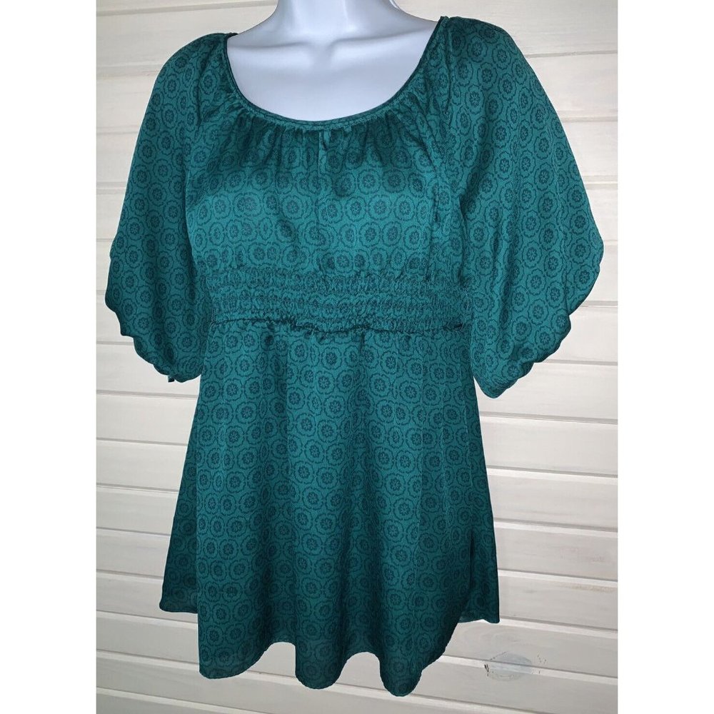 Odille Medallion Sz 0 Floral Peasant Top Teal Green Anthropologie Smocked Empire